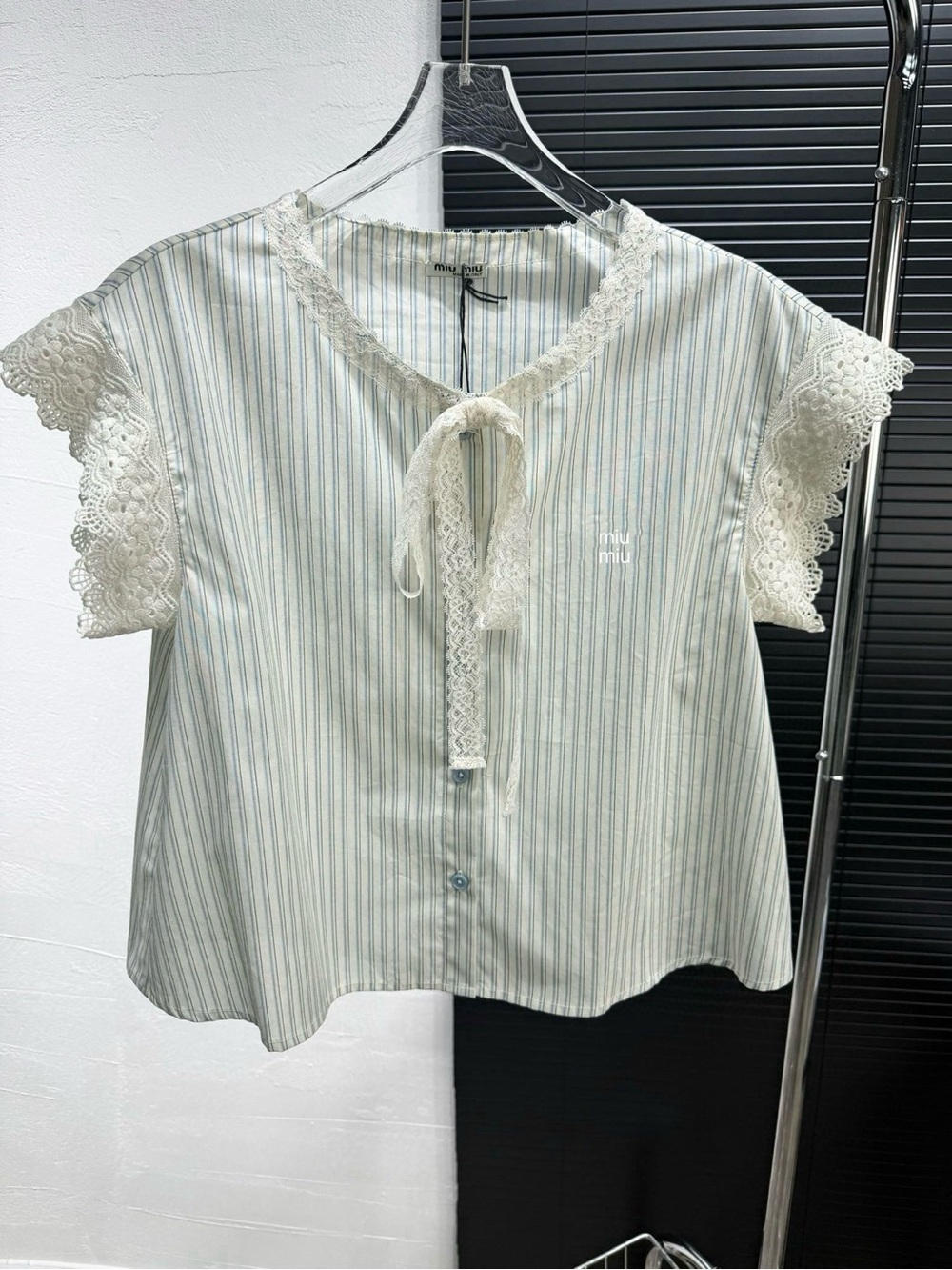 Miu Miu Cream Blouse with Light Blue Pinstripes and Lace Trim
